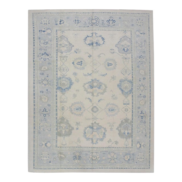 Early 21st Century Cream & Blue Floral Design Handwoven Wool Turkish Oushak Rug 8'10" X 11'1" For Sale
