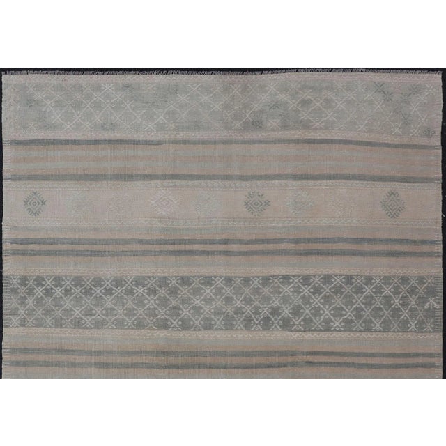 Tan Muted Vintage Turkish Kilim Rug With Horizontal Stripes & Tribal Motifs For Sale - Image 8 of 11
