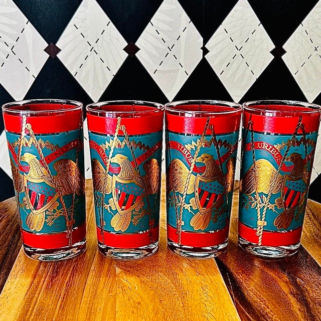 1960s 1960s Americana Gold Eagle Regimental Drum Highball Glasses 22k Vintage Set of 4 For Sale - Image 5 of 11