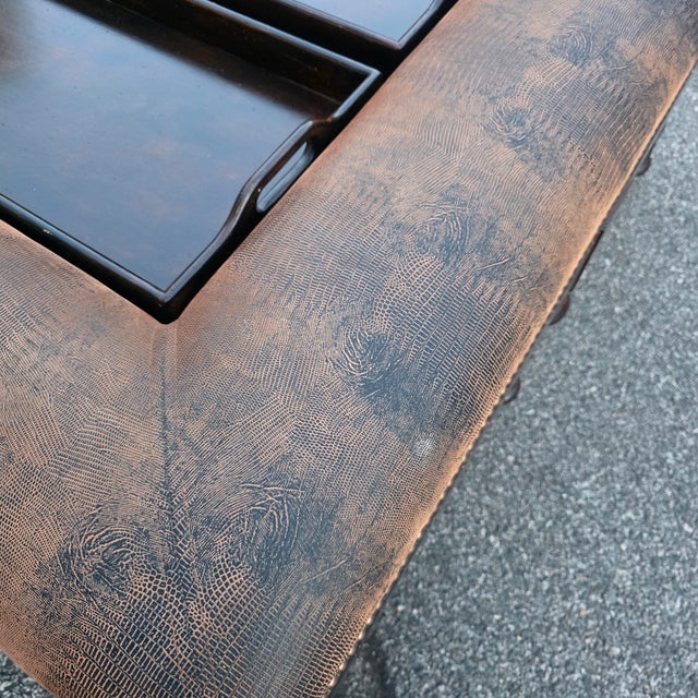 Early 21st Century Lorts[attributed] Spanish Revival Distressed Leather Tray-Top Cocktail Coffee Table For Sale - Image 10 of 11