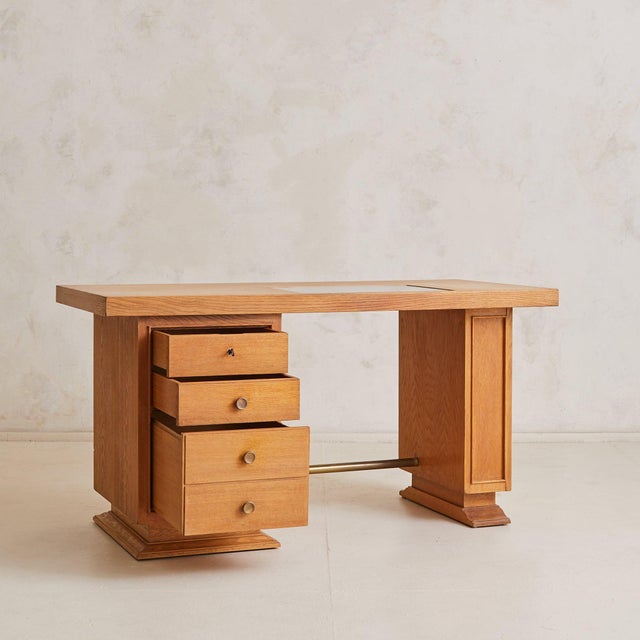 French Oak Architect’s Desk with Inset Glass Top, 1950s For Sale - Image 4 of 11