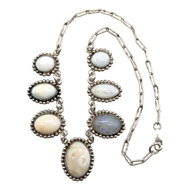 1930s Retro Taxco 980 Silver Graduated Opal Cabochon Necklace For Sale
