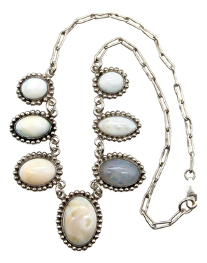 1930s Retro Taxco 980 Silver Graduated Opal Cabochon Necklace