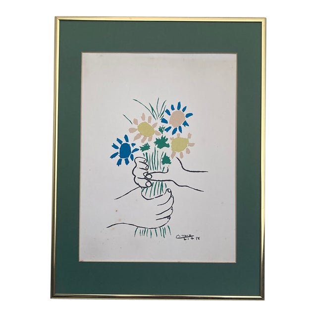 After Picasso's 1958 "Bouquet of Peace" Mid-Century Modern Vintage Lithograph Print - Gold Metal Frame For Sale