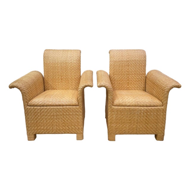 Vintage Coastal Walters Wicker Woven Rattan Lounge Chairs, a Pair For Sale