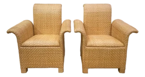 Vintage Coastal Walters Wicker Woven Rattan Lounge Chairs, a Pair