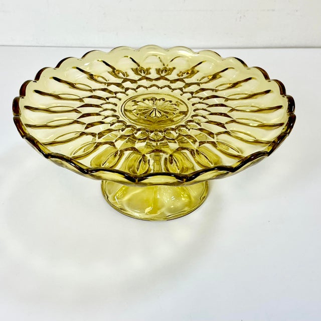 Indiana Glass Company 1940s Art Deco Boho Chic Hollywood Regency Indiana Glass Depression Yellow Cake Stand For Sale - Image 4 of 11