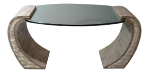 Maitland Smith Mid Century Travertine Glass Top Console Table