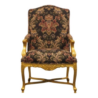 Henredon Furniture Louis XV French Provincial Floral Upholstered Accent Arm Chair W. Gold Painted Frame For Sale