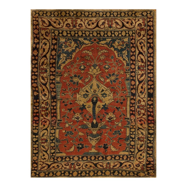 Splendid Coral Red Color and Unique Floral Design Antique Persian Tabriz Prayer Rug For Sale