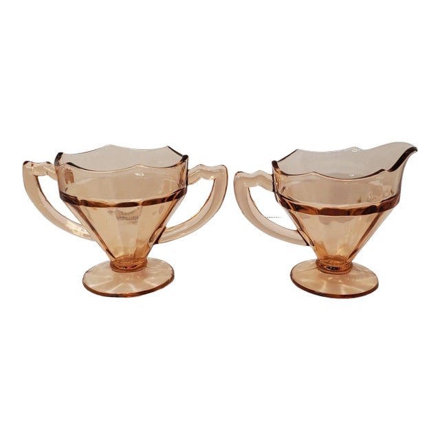 1929 Liberty Works Egg Harbor Pink Glass Cream & Sugar Set For Sale