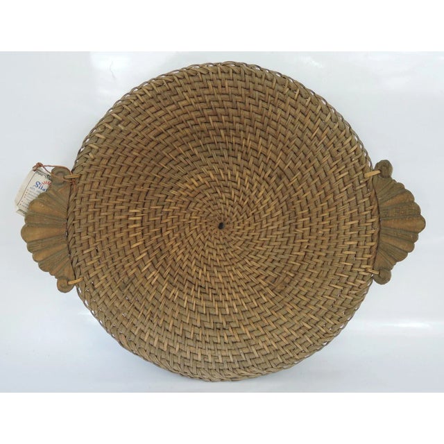 1970s Large Vintage Hapao Rattan Circular Storage or Display Basket / Tray With Hand Carved Wood Handles For Sale - Image 5 of 5