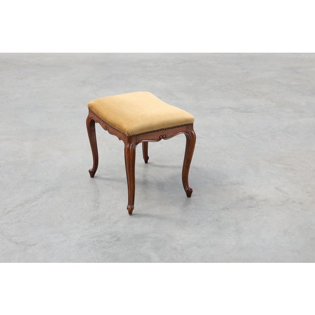 Louis XV Style Walnut Stool with Cabriole Legs and Velvet Seat, France, 1950s For Sale - Image 9 of 12