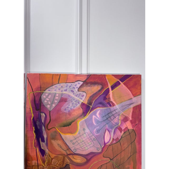 Vintage Contemporary Abstract Expressionism Diptych Original Oil Paintings, a Pair, Magenta, Orange & Plum For Sale - Image 15 of 18