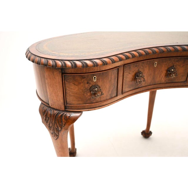 Brown Antique Burr Walnut Leather Top Kidney Shaped Desk, 1900 For Sale - Image 8 of 11