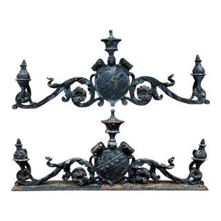 Pair of Antique Cast Iron Architectural Remnant Fragments With Heraldic Crest Motif — 19th Century For Sale
