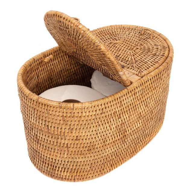 Boho Chic Artifacts Rattan Oval Double Tissue Roll Box in Honey Brown For Sale - Image 3 of 7