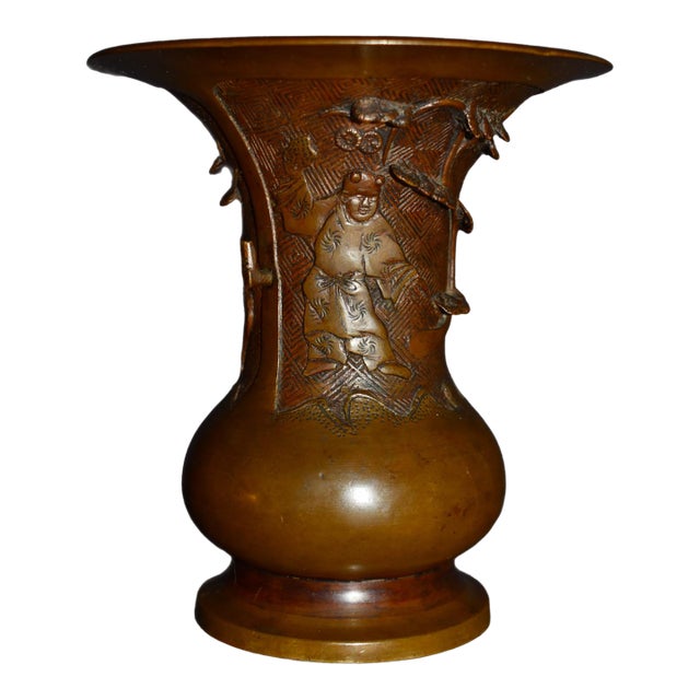 Antique Japanese Bronze Vase With Figural and Landsape Motif For Sale