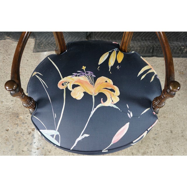 Brown 2 Antique English Sheraton Regency Style Mahogany Inlaid Floral Silk Arm Chairs For Sale - Image 8 of 18