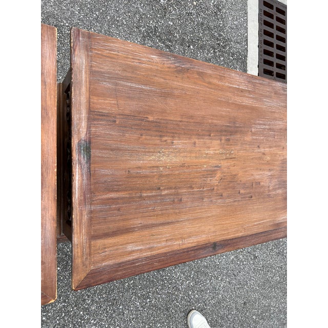 1980s Spanish Colonial Walnut Carved Wood Steel Scrolled Base For Sale - Image 5 of 12