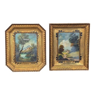 Pair of 19th-Century Italianate Pastoral Landscape Paintings With Ornate Gold Frames For Sale