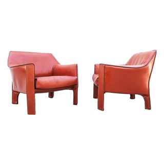 Vintage Cassina Model 415 Cab Lounge Chairs in Terracotta Leather by Mario Bellini For Sale