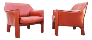 Vintage Cassina Model 415 Cab Lounge Chairs in Terracotta Leather by Mario Bellini