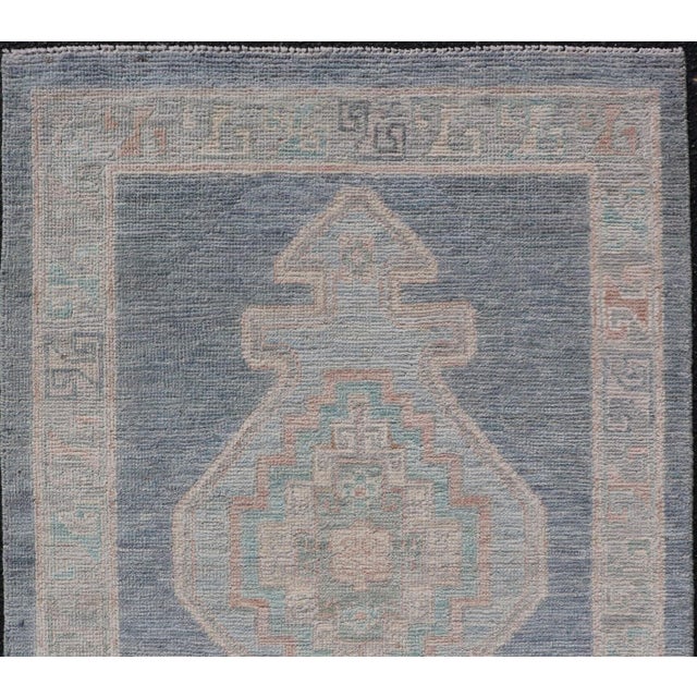 Tribal Medallion Designed Modern Oushak With Blue Background and Cream Border 2'7 X 3'11 For Sale - Image 3 of 9