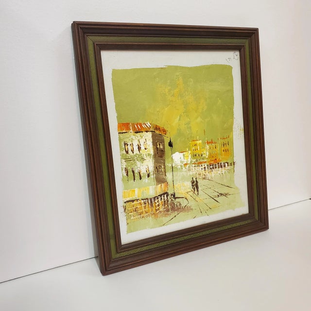 A great, original, mid-century painting of a stylized cityscape, maybe Venice Italy? Rich period colors of yellow-green,...