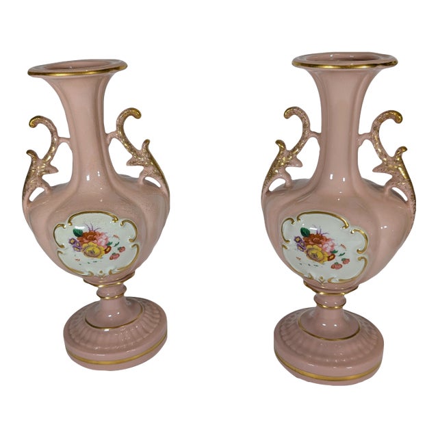Vintage Pair of Porcelain Mantel Vases, Pink Porcelain, Mid-Century St Regis, Floral Gold Gilt, Excellent 12" For Sale
