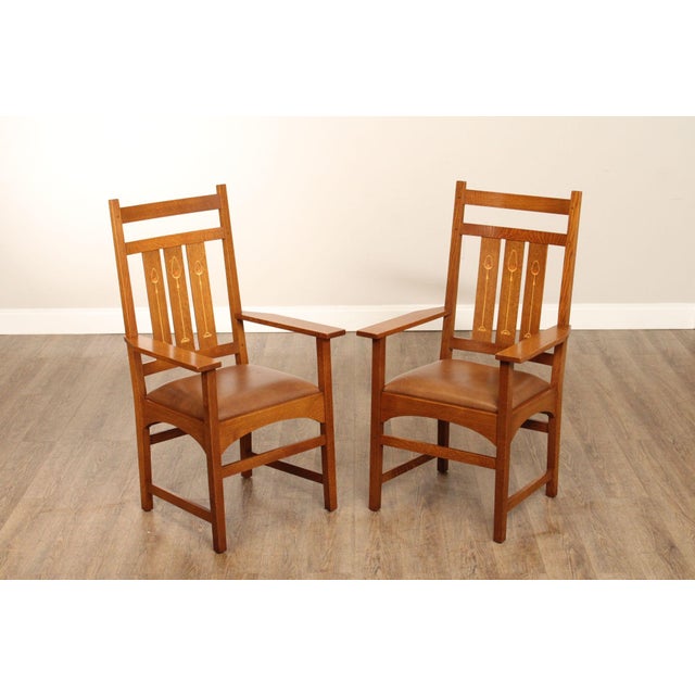 High Quality American Made Pair of Solid Oak Chairs With Inlaid Slatted Backrests and Leather Upholstered Seats