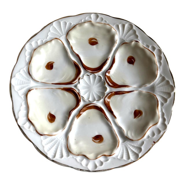 Antique Oyster Plate – Shell & Fan Molded Design, Hand-Painted Brown Accents, C. 1880–1910 For Sale