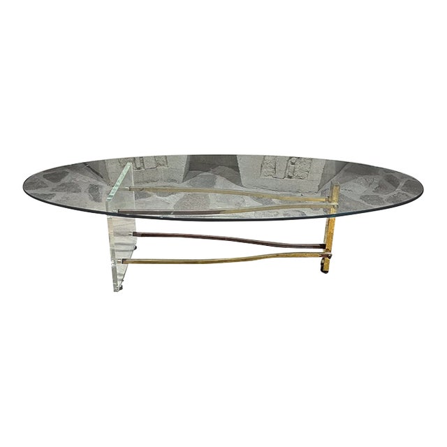 1960s Oval Coffee Table Lucite and Brass After Charles Hollis Jones For Sale