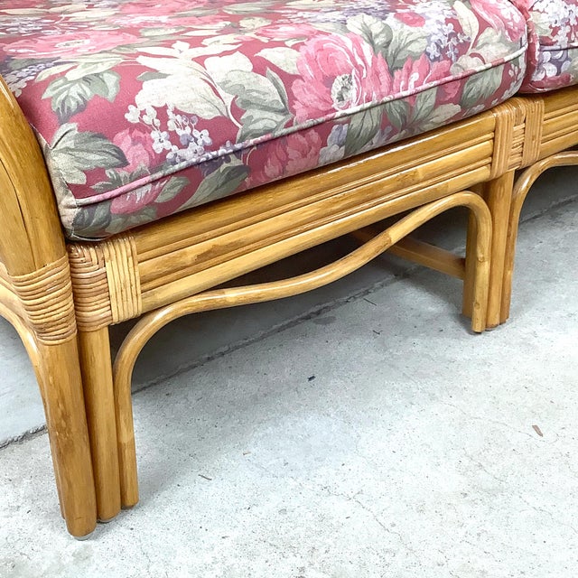 Vintage Palm Beach Style Rattan Sofa With Architectural Lattice Back For Sale - Image 11 of 18