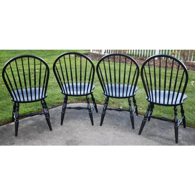 Ethan Allen 4 Ethan Allen Oak Dining Chairs Vintage Distressed Black Farmhouse Bow Back For Sale - Image 4 of 18