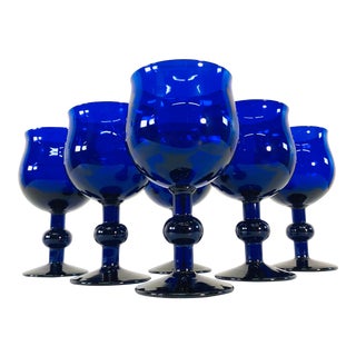 Art Deco Style Cobalt Glass Wine Stems, Set of 6 For Sale