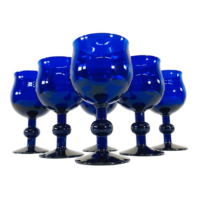 Art Deco Style Cobalt Glass Wine Stems, Set of 6 For Sale