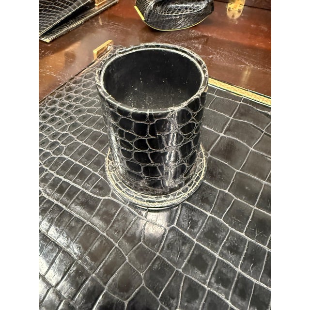 A fabulous Gucci 5 piece Desk set in a Crocodile or Allifgator grain leather or real skin. It was gifted by Frank Sinatra...