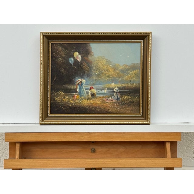 Textile Oil Painting of Children Playing on Summers Day in the English Countryside 1980 Circa For Sale - Image 7 of 15