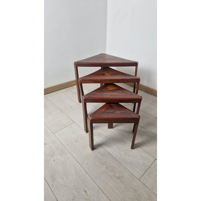Wood Nesting Tables in Inlaid Wood with Scenes of River Life, 1940s, Set of 4 For Sale - Image 7 of 17