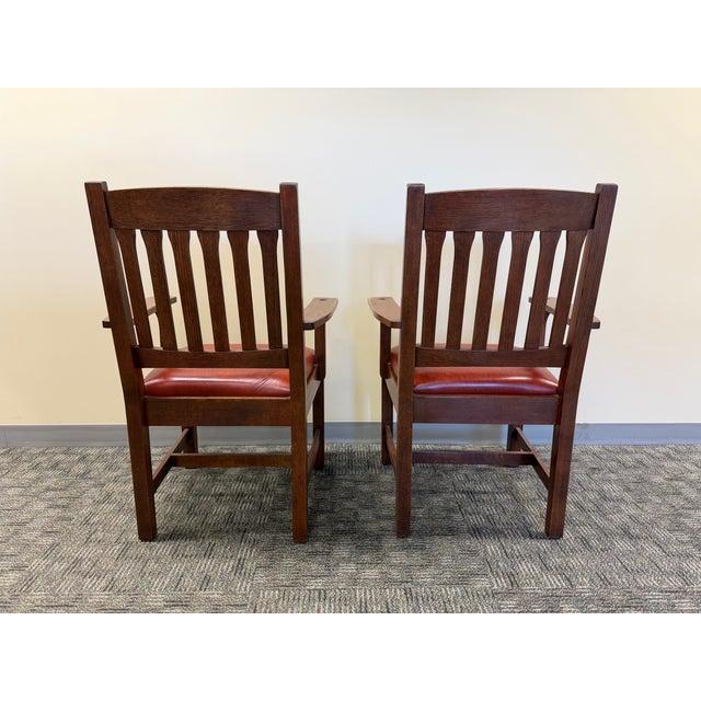 Mission Stickley Mission Collection Oak and Leather Cottage Armchairs (Set of 2) For Sale - Image 3 of 9