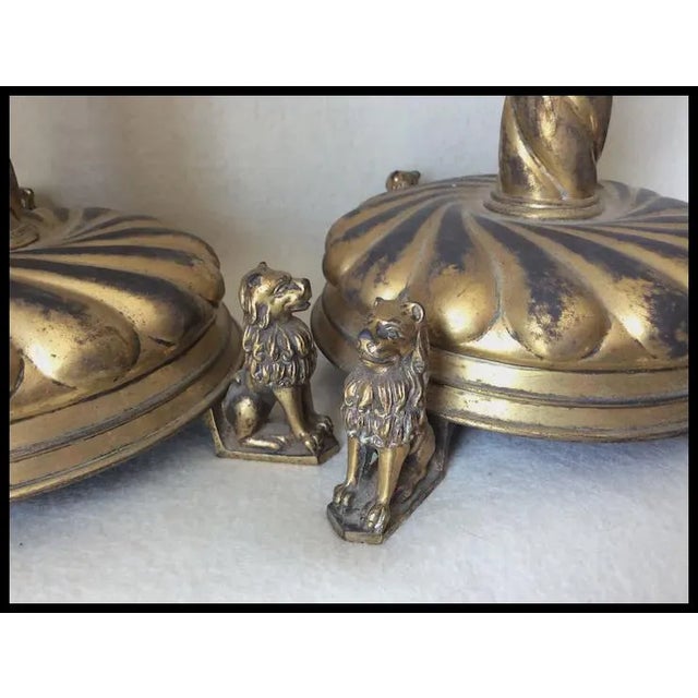 Pair Antique 19thC Victorian, Gothic Candlesticks Lions Dore Bronze For Sale - Image 9 of 12