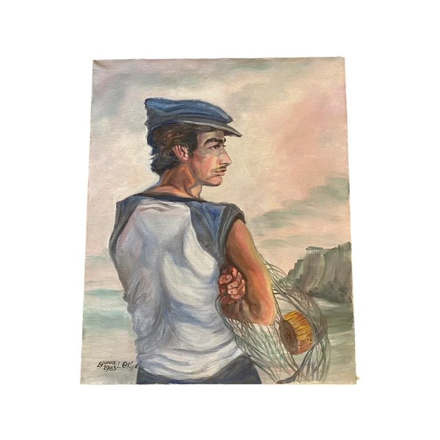 Blue Vintage, 1983 Figural Oil Painting on Canvas of Young Man Fisherman, Signed For Sale - Image 8 of 11