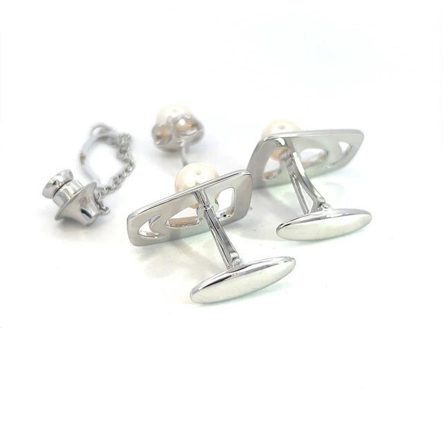 1990s Mikimoto Estate Akoya Pearl Cufflinks + Tie Pin Set Sterling Silver, 4 Pieces For Sale - Image 4 of 7
