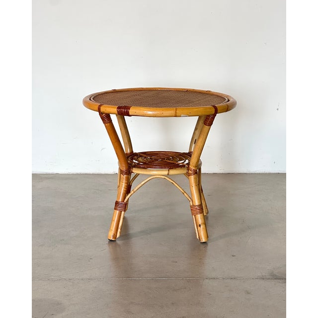 Round wicker and bamboo coffee table from the 1970s