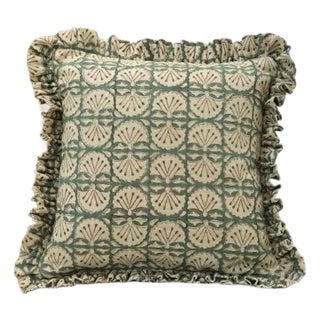 Fabdivine Handmade Block Printed Frill Cushion Cover Green 14x36 Inch Thick Linen- Bejhni For Sale