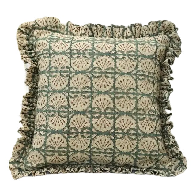Fabdivine Handmade Block Printed Frill Cushion Cover Green 14x36 Inch Thick Linen- Bejhni For Sale