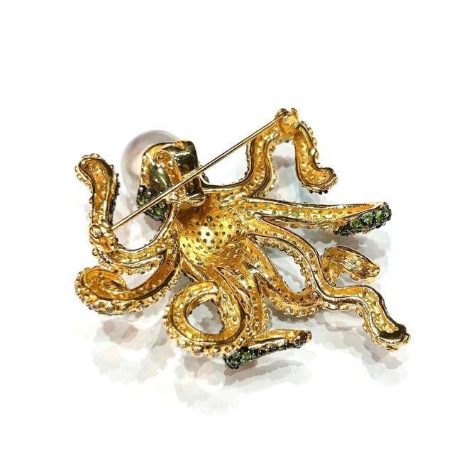 Bochic “Orient” Pink Sapphire & South Sea Pearl Brooch Set 18K Gold & Silver For Sale - Image 4 of 8