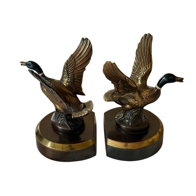​Mid 20th Century Solid Brass Mallard Ducks in Flight Bookends Attributed to Pm Craftsman - A Pair For Sale - Image 12 of 12