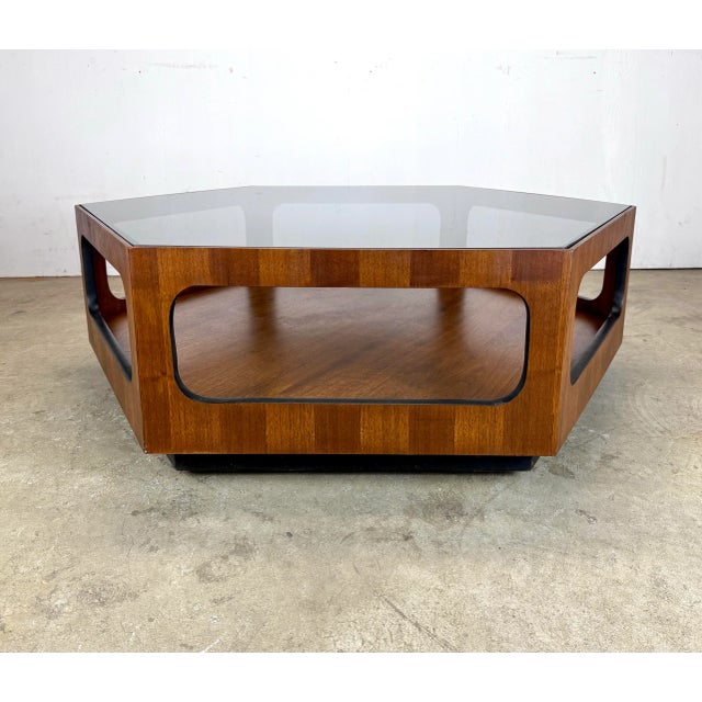 1970’s Mid Century Modern Lane Furniture Hexagonal Coffee Table, Smoked Glass Top For Sale - Image 9 of 12